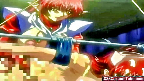 Busty red-haired anime elf warrior poses with spear showing massive cleavage in skimpy armor