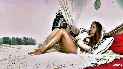 Seductive young brunette beauty lounging in bed, teasing step-mom fantasy