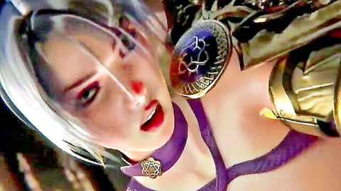 Isabella Valentine hentai closeup: silver-haired beauty in purple collar and gold armor