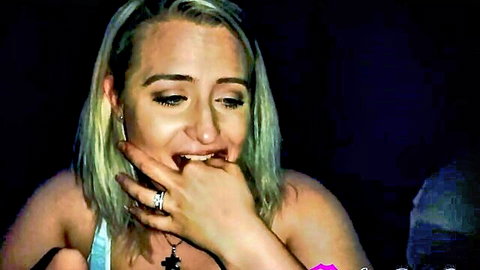 Young blonde eagerly covering mouth after swallowing older man's cum load