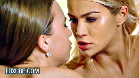 Two blonde beauties in intimate whisper during submissive threesome in Paris
