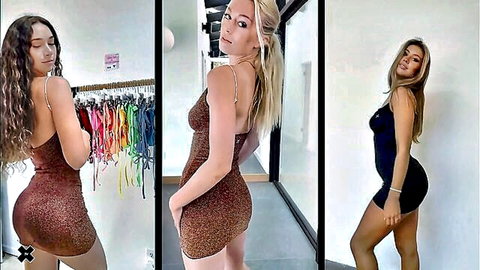 Three curvy women in sparkling mini dresses posing to show off asses