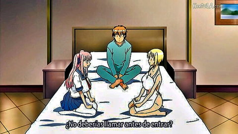Anime hentai scene with pink-haired schoolgirl, blonde girl, and guy on bed