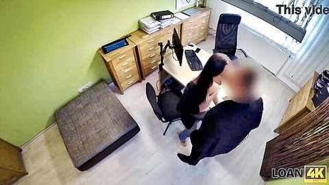 Office woman bent over desk with man behind her ready to fuck in loan agent scene