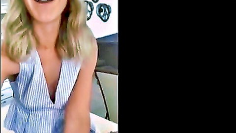 Blonde babe teases deep cleavage tits in striped dress car selfie