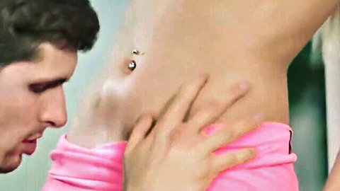 Jessie Volt's slim belly with navel piercing, Kristof Cale's hand on pink panties tease