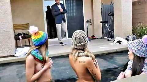 Three nude teen friends with big asses by pool, orgy with suited muscle stud milf