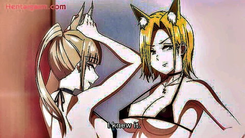 Blonde catgirl and ponytail anime girls in bikinis posing seductively