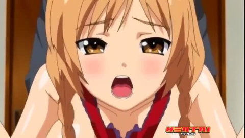 Blonde anime girl with pigtails moaning, topless with flushed cheeks