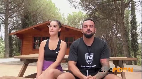 Spanish amateur couple outdoors before first threesome blind fuck