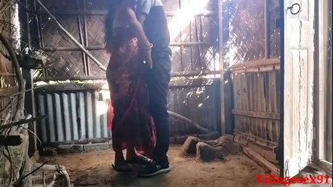 Red saree wife giving outdoor blowjob in village hut