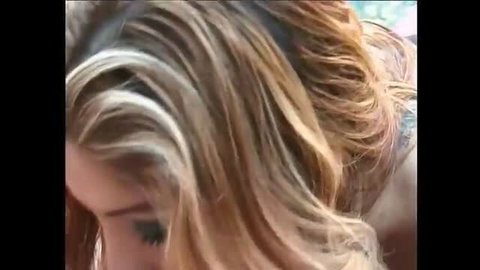 Blonde teen bent over getting drilled outdoors in sunlight