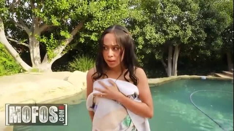 Dania Vega wrapped in towel by pool after steamy sex