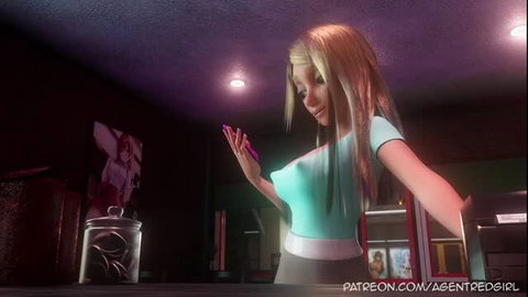 Blonde 3D anime girl in tight top holding phone