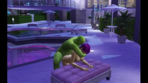 Green ogre pounds purple pixie on poolside bench in Sims animation