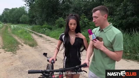 Kama Oxi topless in black mini shorts, bent over for outdoor doggystyle sex