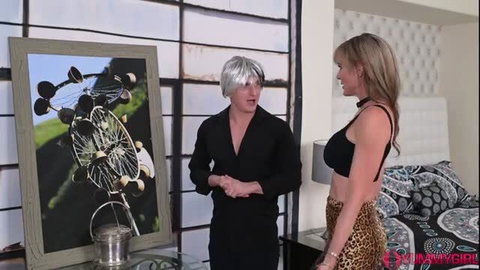 Sofie Marie in leopard print with silver-haired Oliver