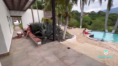 Mariana Martix and Sara Blonde sharing cock outdoors by pool
