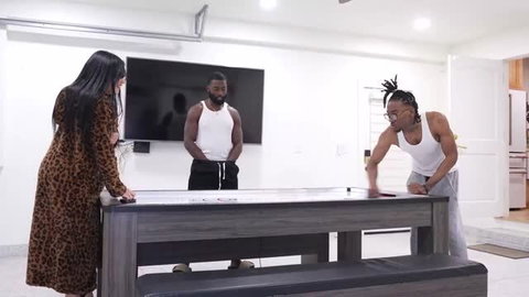 Summer Col threesome with two Black men at pool table