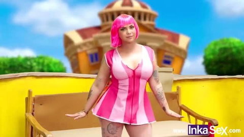 Michelle Hoek in pink bob wig wearing pink white striped dress, Inka Town thumbnail
