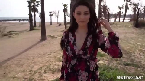 Anastasia Brokelyn in floral dress at beach, Cannes day trip