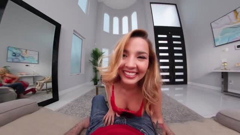 Agatha Vega in red lingerie on top in VR porn scene