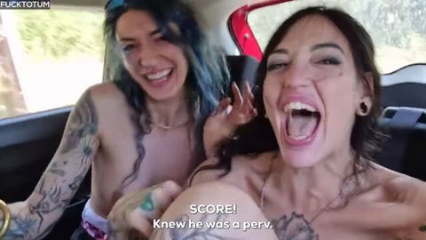 Fucktotum tattooed lesbians hitchhiker double blowjob car scene