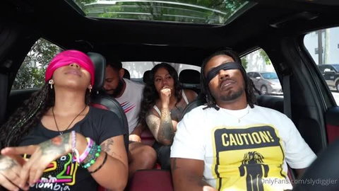 Zerella Skies blindfolded in car with Sly Diggler for Zerella Skies studio scene