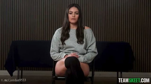 Isabela in grey sweater and thigh-high socks at Team Skeet audition