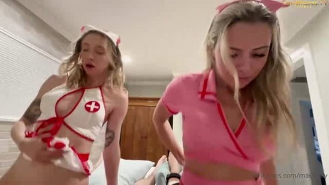 Madiiitay and Itsmecat in nurse outfits during Nurse Swap Foursome scene