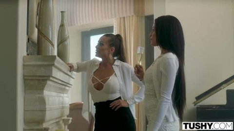 Abigail Mac And Kissa Sins in white outfits, Tushy studio scene