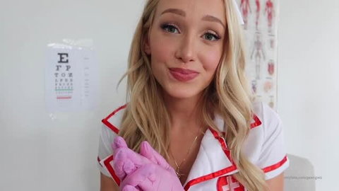 Gwengwiz as sexy nurse in pink gloves, eye chart background
