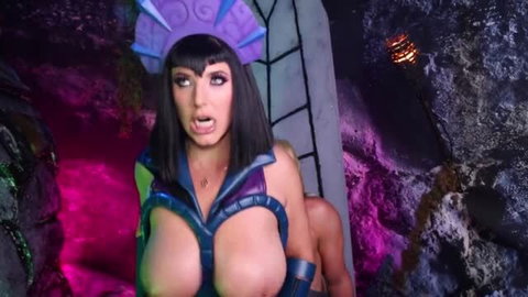 Angela White in He-Man cosplay, huge tits out, fantasy background