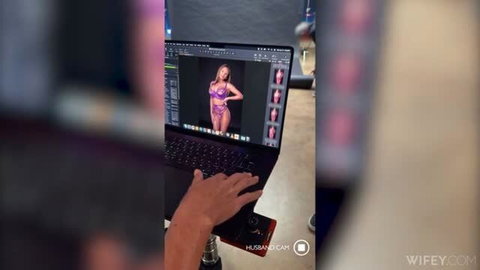 Hotwife Hannah in purple lingerie posing for studio shoot