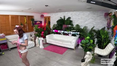 Shrooms Q BTS on Hookup Hotshot set wearing sheer lingerie
