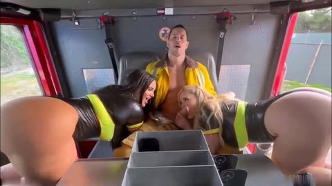 Savannah Bond and Alexas Morgan in fire truck threesome scene
