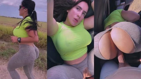 Curvy brunette in neon green crop top and grey leggings showing off big ass outdoors and in car