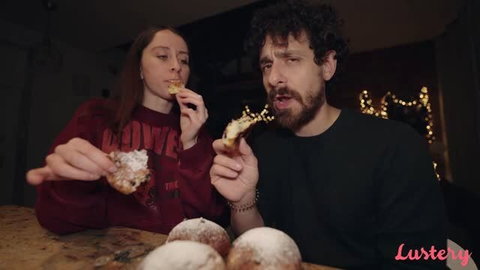 Arden and Tommy Tate eating donuts in Bun Appetito Lustery scene