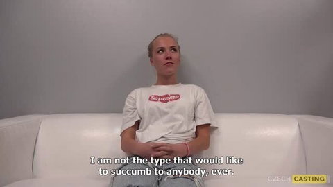 Rozalie on couch in white t-shirt, Czech Casting adult video interview