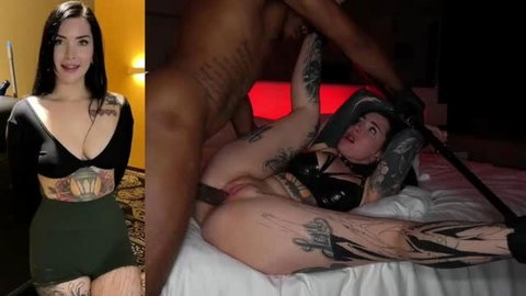 Tattooed woman in black lingerie fucked by BBC on bed