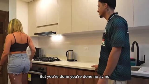 Blonde stepmom in tiny denim shorts seduces tattooed stepson in kitchen