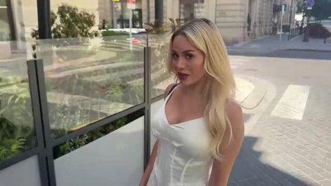 Maya blonde in tight white dress outdoor Jacque Et Michel scene
