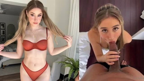 Carolina69 in red lingerie teasing, then sucking BBC up close POV