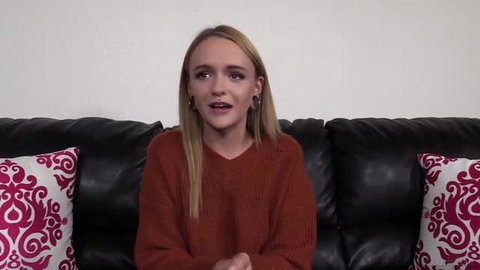 Becky 20yo blonde in orange sweater on casting couch interview