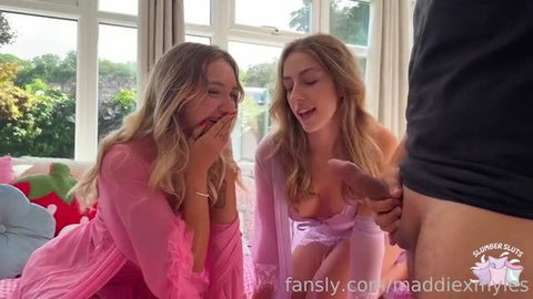 Madison Ivy & Kitty Marie in sheer pink lingerie sharing cock during slumber sluts scene