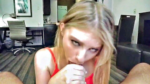 Blonde amateur American giving intense POV blowjob in red tank top