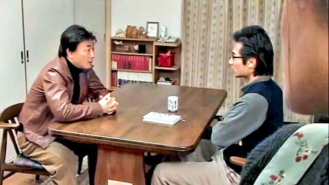 Two Japanese men in deep conversation at home, Japanese Love Story 326