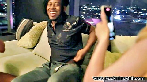 Smiling black man with blonde in teasing threesome setup