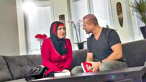 Sexy Muslim woman in red hijab and dress with big tits chatting with man before creampie