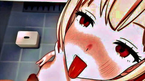 Cute anime girl with white hair and red eyes sticking out tongue in playful ahegao face